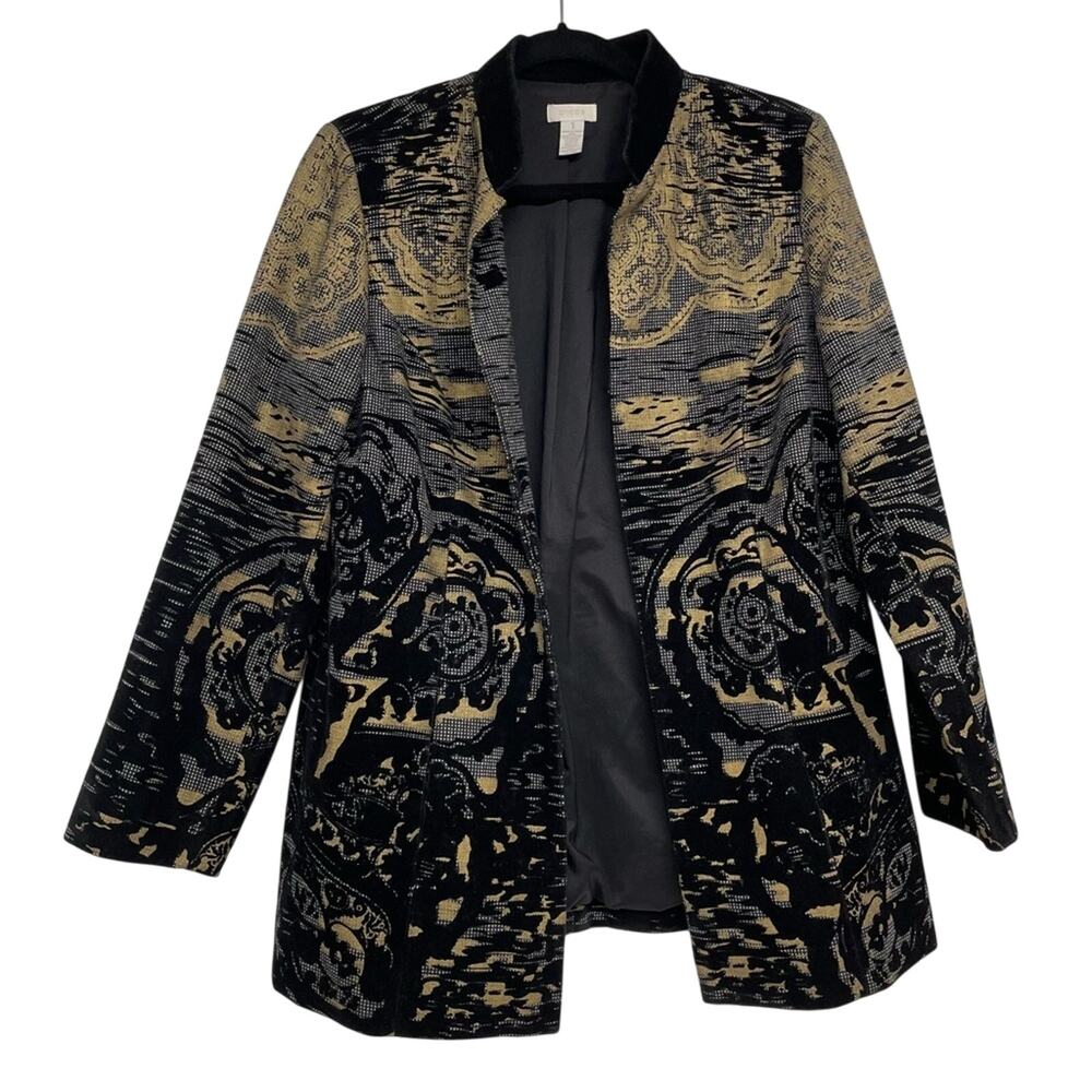 Chicos Black & Tan Tweed Velvet Floral Details Long Line Blazer Jacket Womens S